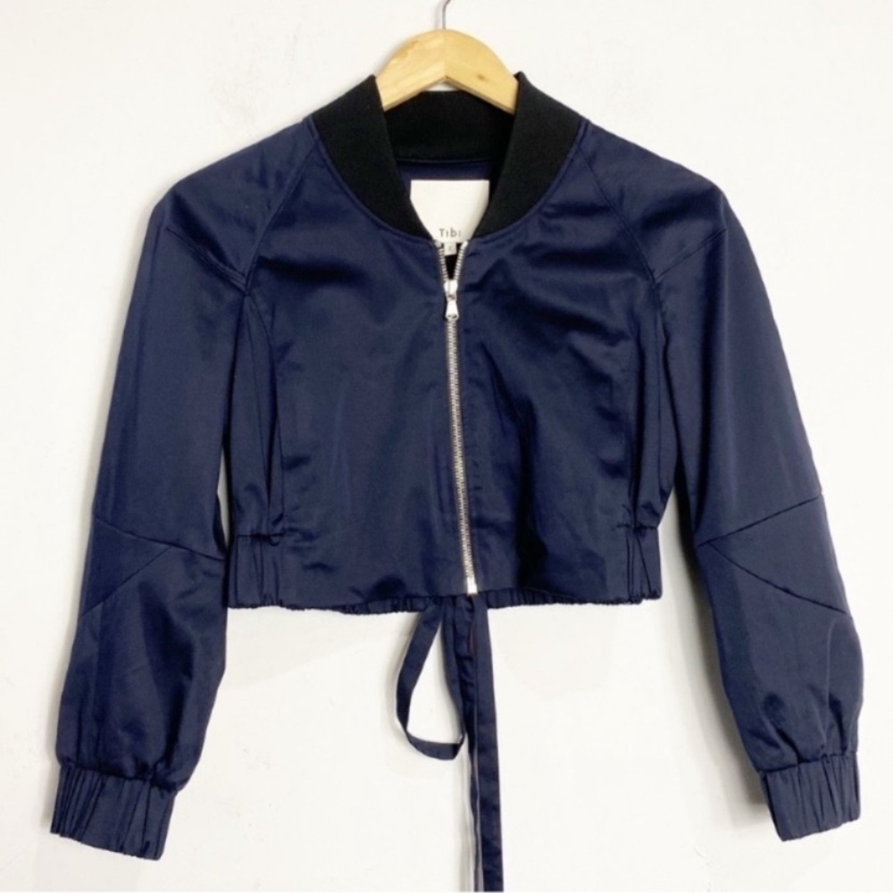 TIBI Mila Satin Bomber Jacket in Dark Navy - Picture 3 of 11